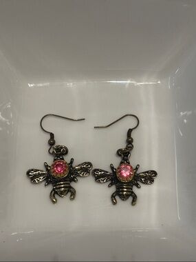 Antique Brass Bee Drop Earrings with Pink Crystal Accent - Handmade - New